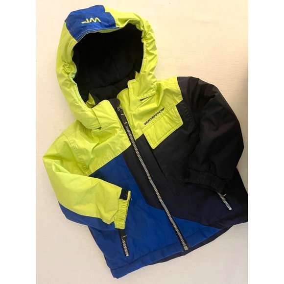 Weatherproof kids toddler jacket sz 2T neon green and blues removable hood - Picture 4 of 15